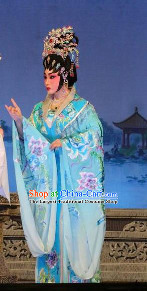 Chinese Cantonese Opera Princess Garment Costumes and Headdress Traditional Guangdong Opera Young Beauty Apparels Hua Tan Blue Dress