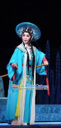 Chinese Cantonese Opera Young Lady Garment Nan Yue Gong Ci Costumes and Headdress Traditional Guangdong Opera Actress Apparels Village Girl Jin Di Blue Dress