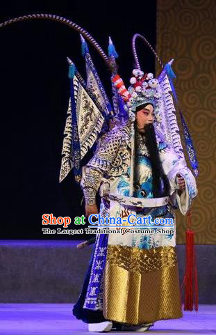 Shuang Qiang Lu Wenlong Chinese Guangdong Opera General Apparels Costumes and Headwear Traditional Cantonese Opera Laosheng Garment Clothing with Flags