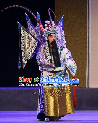 Shuang Qiang Lu Wenlong Chinese Guangdong Opera General Apparels Costumes and Headwear Traditional Cantonese Opera Laosheng Garment Clothing with Flags