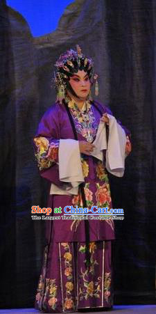 Chinese Cantonese Opera Dame Garment Da Nao Mei Zhi Fu Costumes and Headdress Traditional Guangdong Opera Actress Apparels Middle Age Female Purple Dress