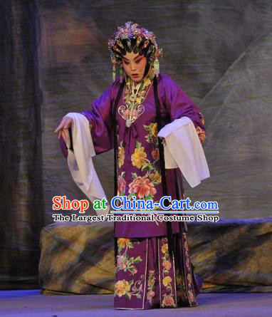 Chinese Cantonese Opera Dame Garment Da Nao Mei Zhi Fu Costumes and Headdress Traditional Guangdong Opera Actress Apparels Middle Age Female Purple Dress