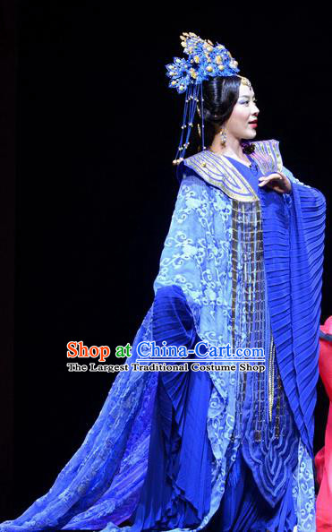 Chinese Historical Drama Confucius Said Ancient Imperial Consort Garment Costumes Traditional Northern Wei Dynasty Empress Dress Queen Blue Apparels and Headdress