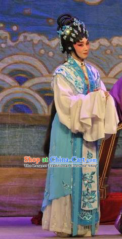 Chinese Cantonese Opera Young Female Garment Da Nao Mei Zhi Fu Costumes and Headdress Traditional Guangdong Opera Actress Apparels Hua Tan Blue Dress
