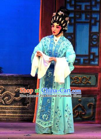 Chinese Cantonese Opera Diva Garment Unhappy Marriage Costumes and Headdress Traditional Guangdong Opera Hua Tan Apparels Actress Blue Dress