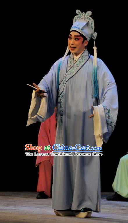 Lou Tai Hui Chinese Guangdong Opera Liang Shanbo Apparels Costumes and Headwear Traditional Cantonese Opera Young Male Garment Scholar Blue Robe Clothing