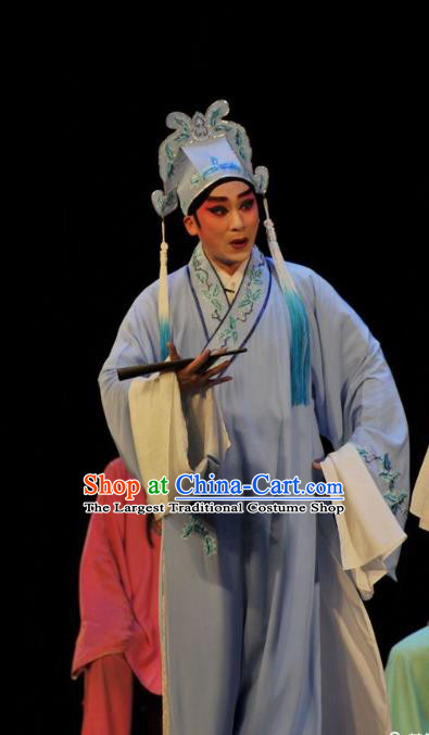 Lou Tai Hui Chinese Guangdong Opera Liang Shanbo Apparels Costumes and Headwear Traditional Cantonese Opera Young Male Garment Scholar Blue Robe Clothing