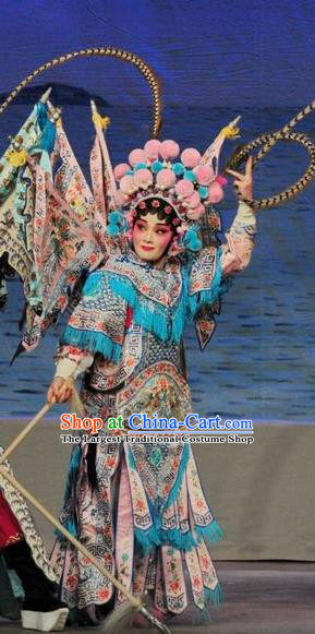 Chinese Cantonese Opera Female General Garment Fan Lihua Return Tang Costumes and Headdress Traditional Guangdong Opera Tao Ma Tan Apparels Dress with Flags