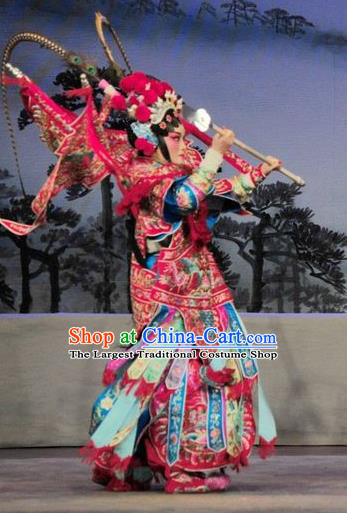 Chinese Cantonese Opera Female General Armor Garment Fan Lihua Return Tang Costumes and Headdress Traditional Guangdong Opera Apparels Tao Ma Tan Dress with Flags