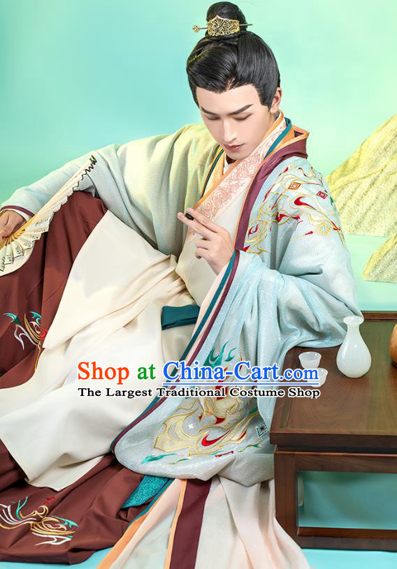 Asian Chinese Traditional Song Dynasty Royal Prince Hanfu Apparels Ancient Nobility Childe Historical Costumes Embroidered Cape Shirt and Skirt Complete Set for Men