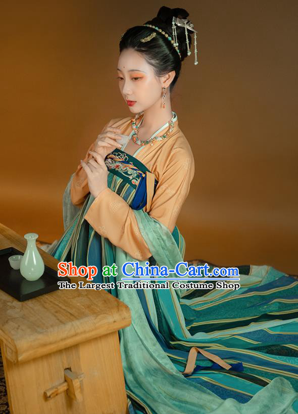 Top Grade Chinese Traditional Tang Dynasty Princess Hanfu Apparels Ancient Palace Lady Historical Costumes Blouse and Embroidered Slip Skirt Full Set