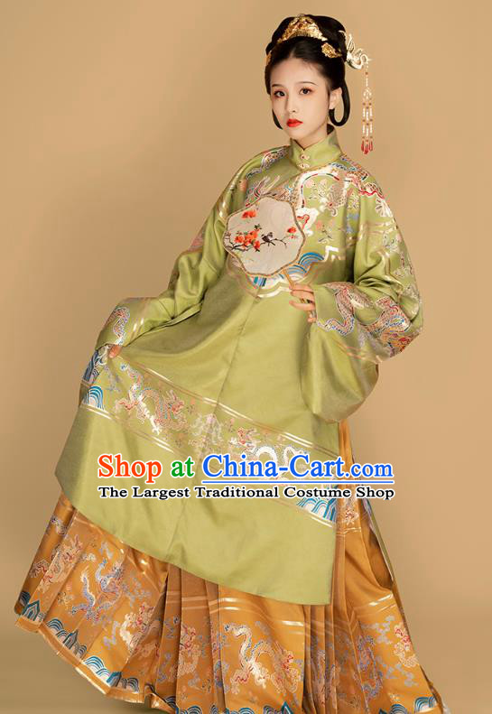 Top Grade Chinese Traditional Ming Dynasty Royal Princess Hanfu Apparels Ancient Imperial Infanta Historical Costumes Green Brocade Long Blouse and Skirt Full Set