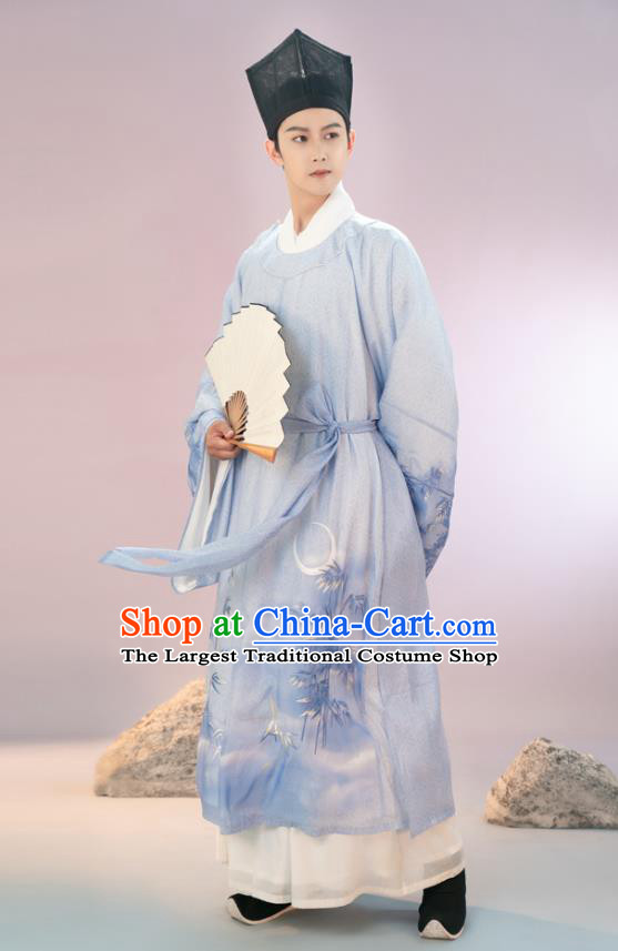 Traditional Chinese Song Dynasty Scholar Hanfu Apparels Ancient Young Male Historical Costumes Embroidered Blue Long Robe