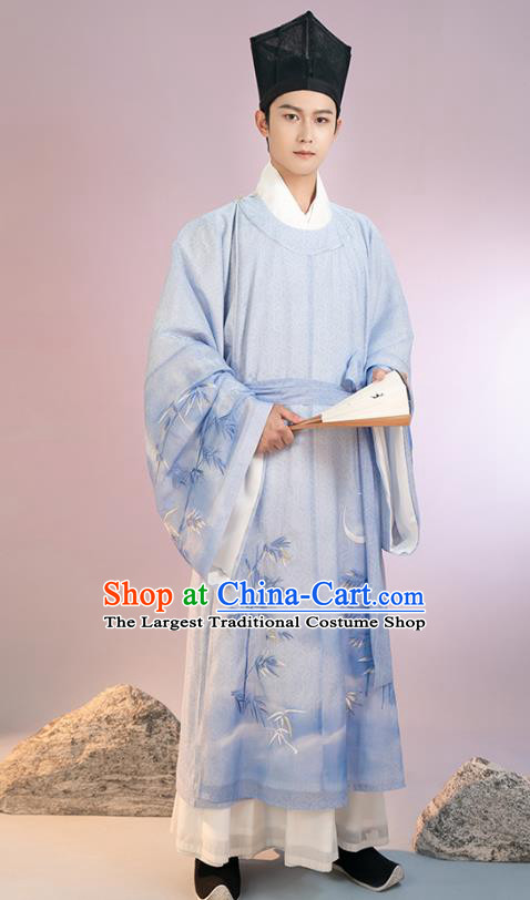 Traditional Chinese Song Dynasty Scholar Hanfu Apparels Ancient Young Male Historical Costumes Embroidered Blue Long Robe