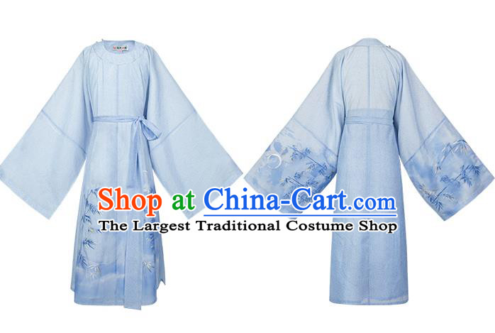 Traditional Chinese Song Dynasty Scholar Hanfu Apparels Ancient Young Male Historical Costumes Embroidered Blue Long Robe