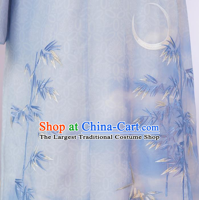 Traditional Chinese Song Dynasty Scholar Hanfu Apparels Ancient Young Male Historical Costumes Embroidered Blue Long Robe