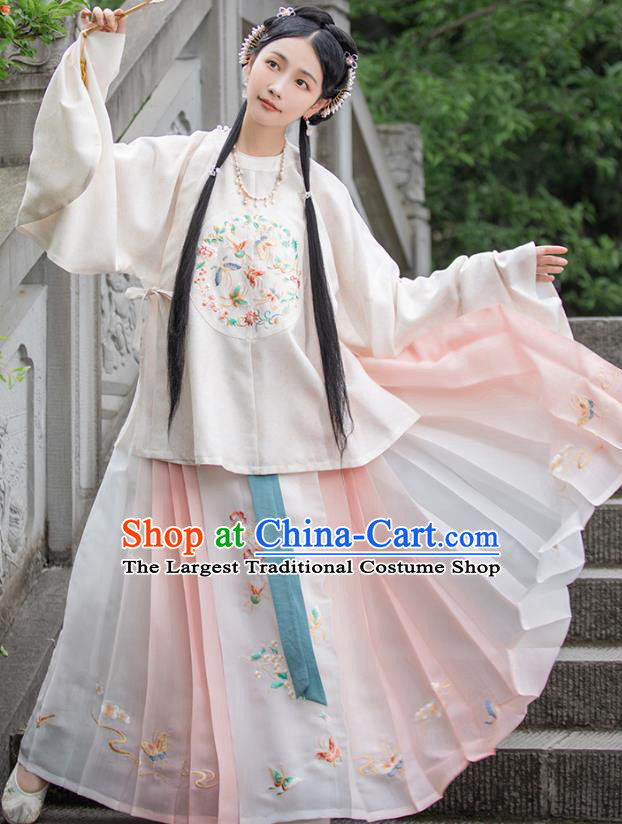 Traditional Chinese Ming Dynasty Patrician Lady Hanfu Apparels Ancient Nobility Female Historical Costumes Embroidered Blouse and Horse Face Skirt Complete Set