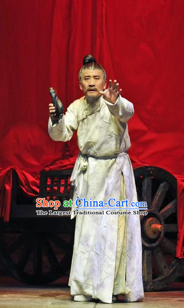 Chinese Traditional Qin Dynasty Elderly Scholar Clothing Stage Performance Historical Drama Fu Sheng Apparels Costumes Ancient Academic Garment and Headwear