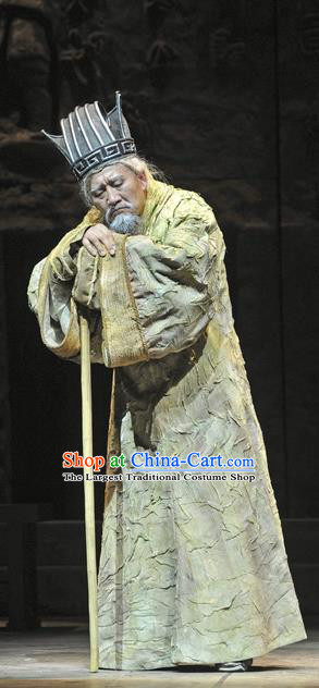 Chinese Traditional Qin Dynasty Elderly Male Clothing Stage Performance Historical Drama Fu Sheng Apparels Costumes Ancient Scholar Garment and Headwear