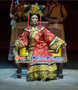 Chinese Historical Drama Yangshi Lei Ancient Empress Garment Costumes Traditional Stage Show Dress Qing Dynasty Court Queen Cixi Red Apparels and Headpieces