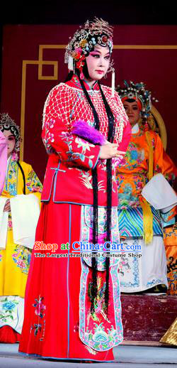 Chinese Sichuan Opera Highlights Empress Garment Costumes and Headdress He Gong Huan Qing Traditional Peking Opera Hua Tan Red Dress Queen Apparels