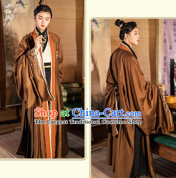 Traditional Chinese Song Dynasty Noble Childe Hanfu Apparels Ancient Prince Embroidered Cloak and Shirt Skirt Historical Costumes Full Set for Men