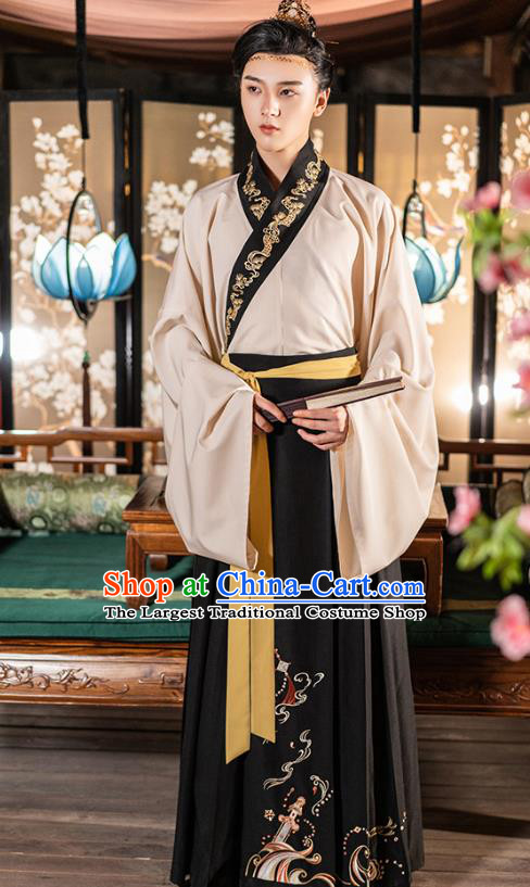 Traditional Chinese Song Dynasty Noble Childe Hanfu Apparels Ancient Prince Embroidered Cloak and Shirt Skirt Historical Costumes Full Set for Men