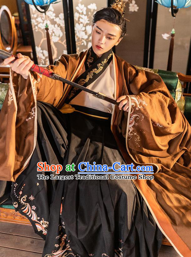 Traditional Chinese Song Dynasty Noble Childe Hanfu Apparels Ancient Prince Embroidered Cloak and Shirt Skirt Historical Costumes Full Set for Men