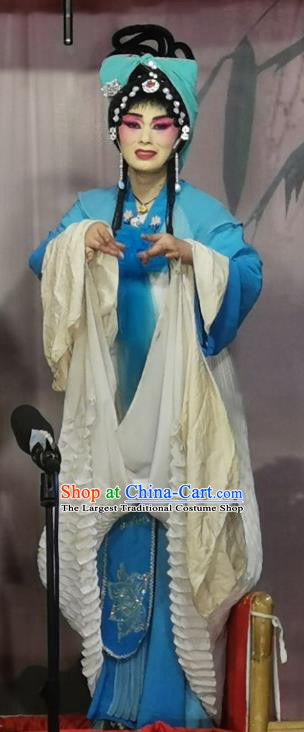 Chinese Sichuan Opera Highlights Diva Liu Chunhua Garment Costumes and Headdress Chun Hua Zou Xue Traditional Peking Opera Actress Blue Dress Apparels