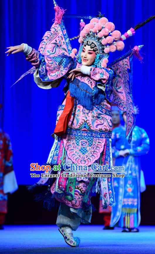 Chinese Sichuan Opera Highlights Tao Ma Tan Garment Costumes and Headdress Bei Mang Mountain Traditional Peking Opera Martial Female Dress Pink Kao Apparels with Flags