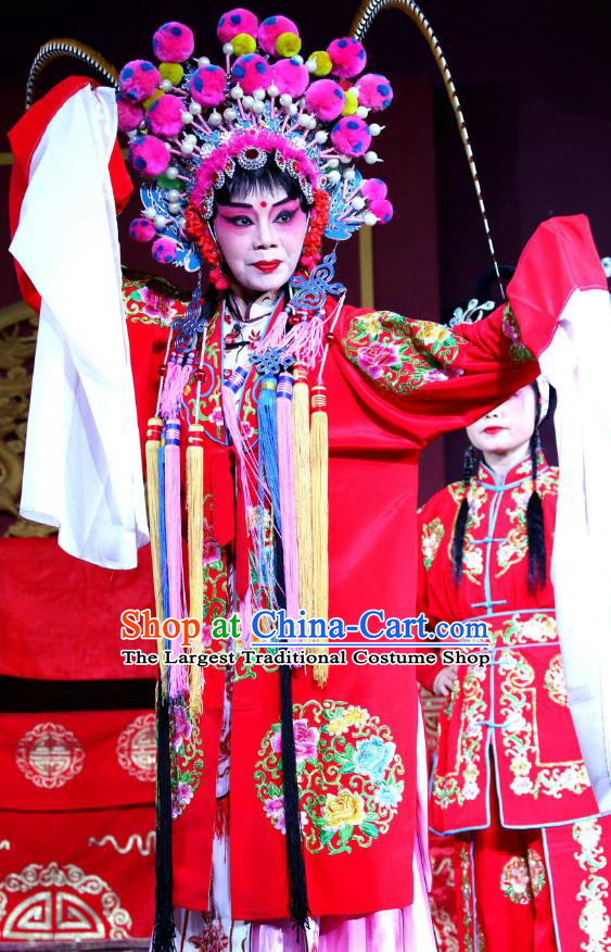 Chinese Sichuan Opera Highlights Imperial Consort Wei Garment Costumes and Headdress Bei Mang Mountain Traditional Peking Opera Young Female Red Dress Apparels