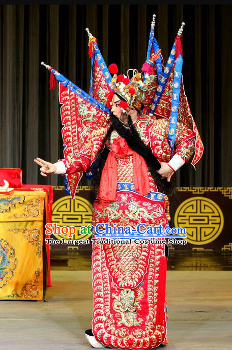 Zhan Huang Pao Chinese Sichuan Opera General Red Kao Apparels Costumes and Headpieces Peking Opera Highlights Military Officer Garment Zheng Ziming Clothing with Flags