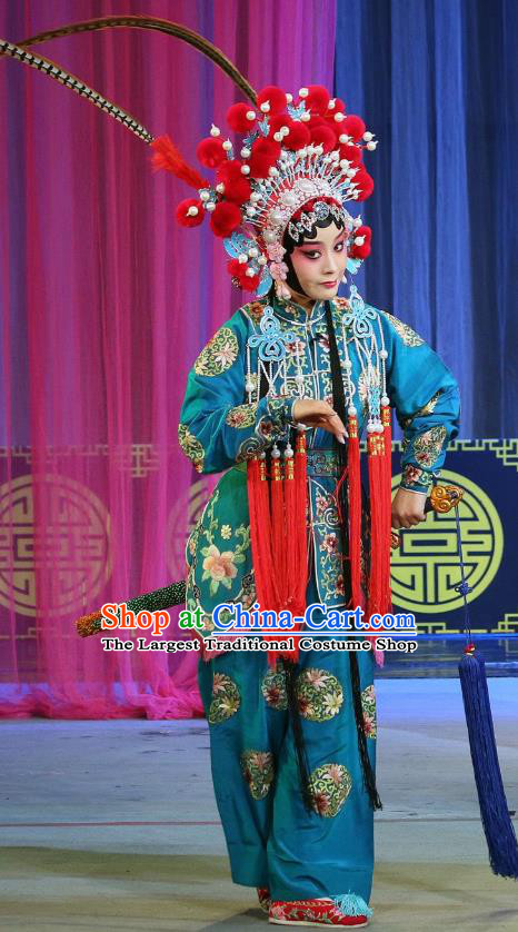 Chinese Sichuan Highlights Opera Martial Female Garment Costumes and Headdress San Ping Cu Traditional Peking Opera Actress Dress Castellan Zhou Juanniang Apparels