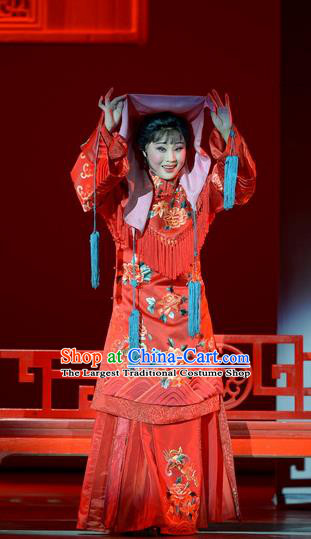 Chinese Hebei Clapper Opera Bride Garment Costumes and Headdress Bei Guo Jia Ren Traditional Bangzi Opera Actress Red Dress Diva Liu Xikui Wedding Apparels
