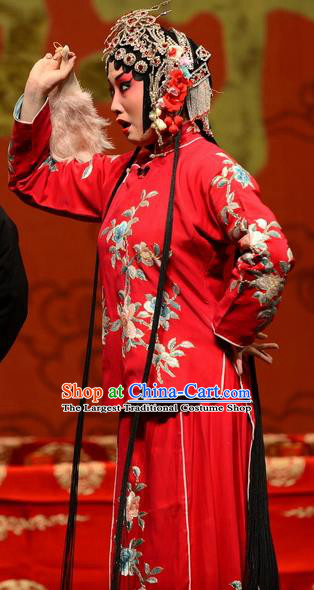 Chinese Hebei Clapper Opera Hua Tan Red Garment Costumes and Headdress Wang Baochuan Traditional Bangzi Opera Actress Dress Young Lady Apparels