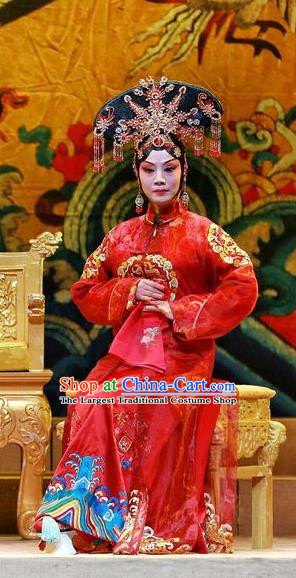 Chinese Sichuan Highlights Opera Court Lady Garment Costumes and Headdress Cang Sheng Zai Shang Traditional Peking Opera Red Dress Princess Duanmin Apparels