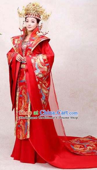 Chinese Ancient Drama Queen Red Hanfu Dress Apparels Traditional Tang Dynasty Royal Empress Wedding Historical Costumes Complete Set for Women