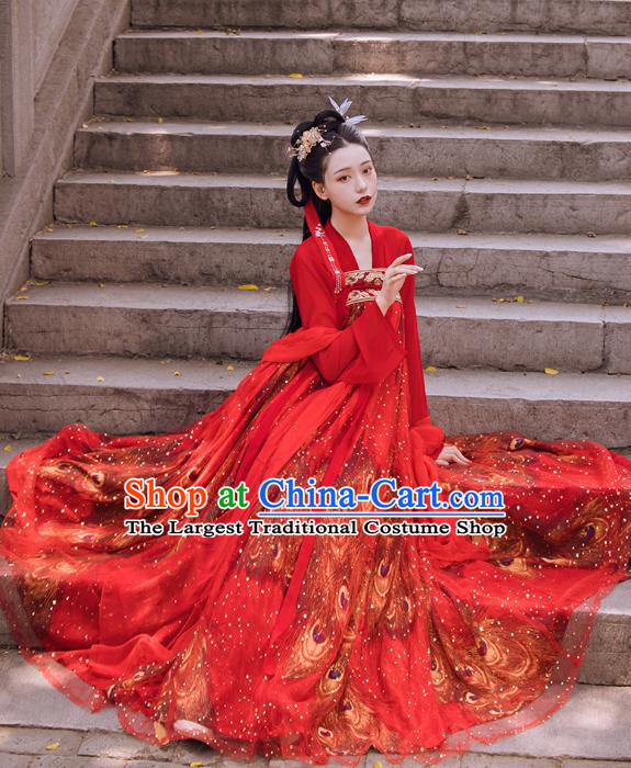 Traditional Chinese Tang Dynasty Wedding Historical Costumes Ancient Apparels Court Princess Red Hanfu Dress for Women