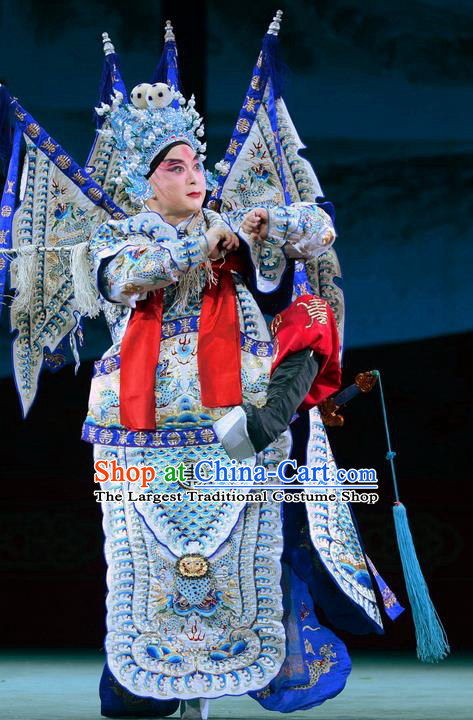 Wang Baochuan Chinese Bangzi Opera General Kao Apparels Costumes and Headpieces Traditional Hebei Clapper Opera Military Officer Garment Armor Clothing with Flags