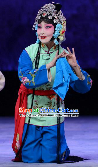 Chinese Hebei Clapper Opera Xiaodan Garment Costumes and Headdress Zhen Zhu Shan Traditional Bangzi Opera Maidservant Dress Young Lady Apparels