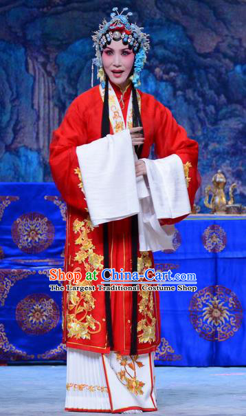 Chinese Hebei Clapper Opera Actress Garment Costumes and Headdress Zhen Zhu Shan Traditional Bangzi Opera Hua Tan Red Dress Young Female Wang Sanqiao Apparels