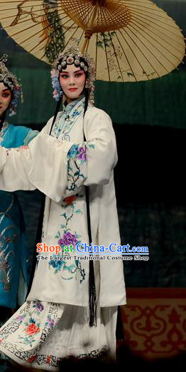 Chinese Hebei Clapper Opera Hua Tan Bai Suzhen Garment Costumes and Headdress Madam White Snake Traditional Bangzi Opera Actress Dress Young Beauty Apparels