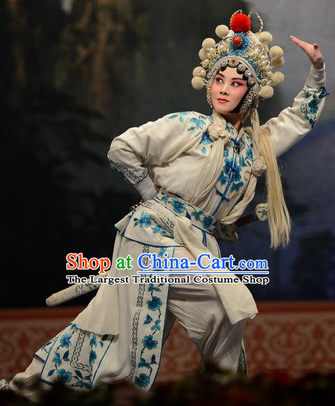 Chinese Hebei Clapper Opera Wudan Garment Costumes and Headdress Madam White Snake Traditional Bangzi Opera Martial Female Dress Bai Suzhen Apparels