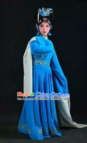 Chinese Hebei Clapper Opera Young Female Garment Costumes and Headdress Dou E Yuan Traditional Bangzi Opera Distress Maiden Blue Dress Tsing Yi Apparels