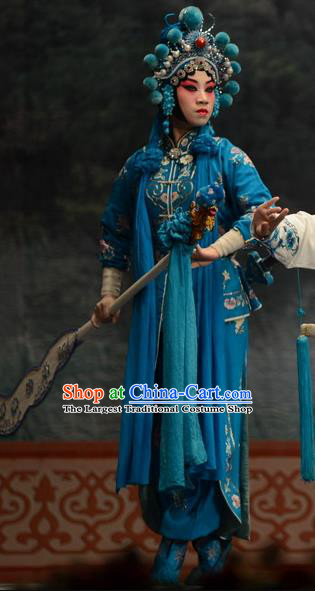 Chinese Hebei Clapper Opera Martial Female Garment Costumes and Headdress Madam White Snake Traditional Bangzi Opera Swordswoman Dress Xiaoqing Apparels