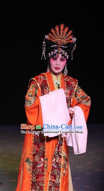 Chinese Hebei Clapper Opera Empress Garment Costumes and Headdress Tai Cheng Liu Traditional Bangzi Opera Hua Tan Dress Queen Apparels