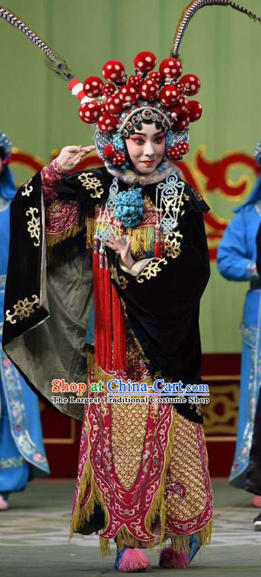 Chinese Hebei Clapper Opera Tao Ma Tan Garment Costumes and Headdress Broadsword Wang Huainv Traditional Bangzi Opera Martial Female Dress Armor Apparels