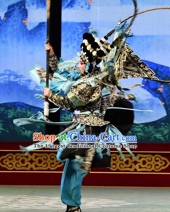 Chinese Hebei Clapper Opera Martial Female Garment Costumes and Headdress Broadsword Wang Huainv Traditional Bangzi Opera Tao Ma Tan Dress Black Kao Apparels with Flags