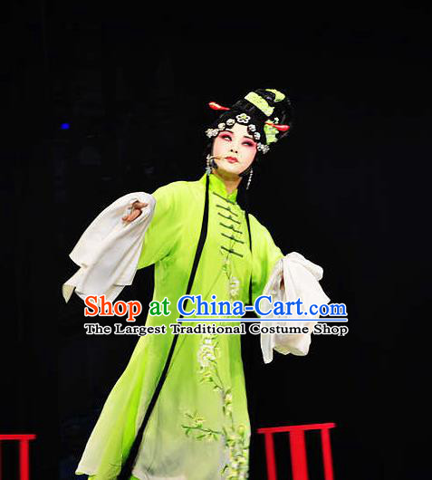 Chinese Hebei Clapper Opera Actress Garment Costumes and Headdress Meng Jiangnv Traditional Bangzi Opera Hua Tan Green Dress Young Female Apparels
