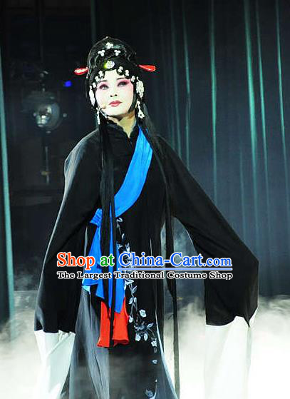 Chinese Hebei Clapper Opera Distress Woman Garment Costumes and Headdress Meng Jiangnv Traditional Bangzi Opera Actress Dress Young Female Black Apparels